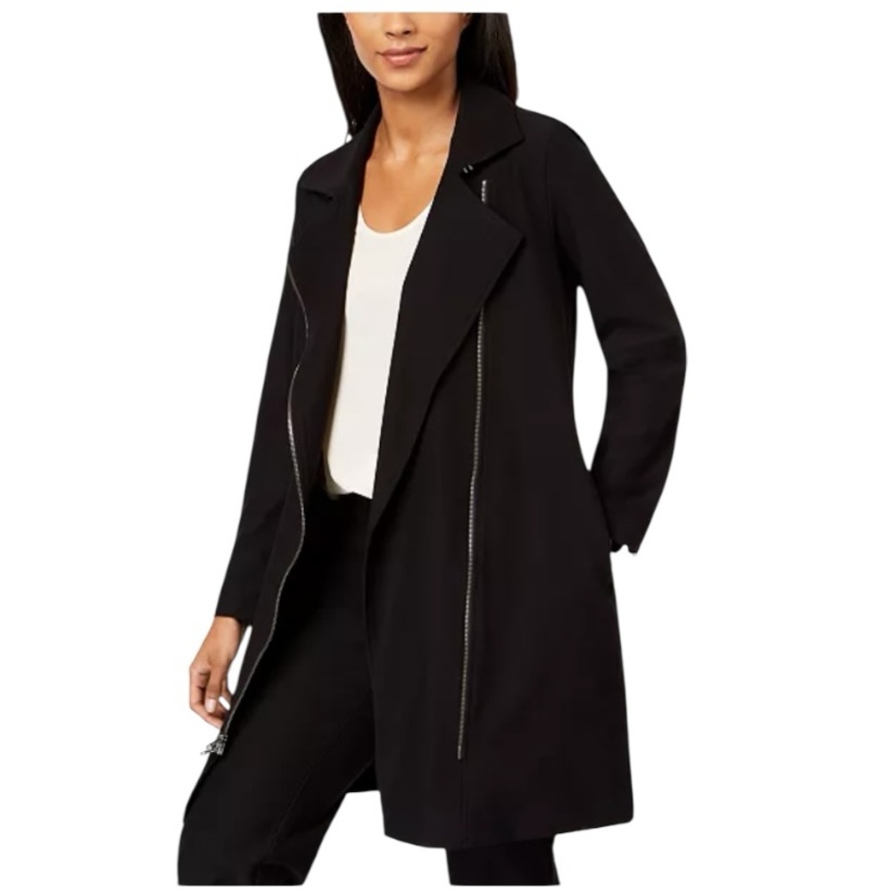 Eileen Fisher Black Crepe Long Moto Jacket Size XS Zipper Details Asymmetrical